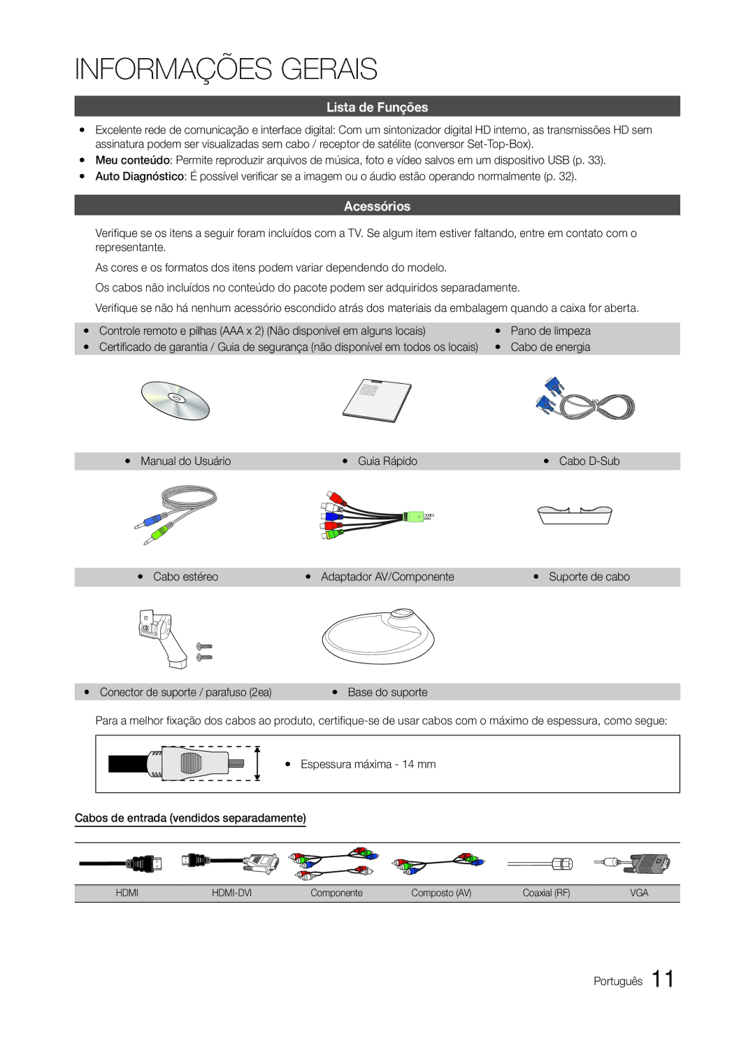 Samsung TA350, TA550 manual Lista de Funções, Acessórios 