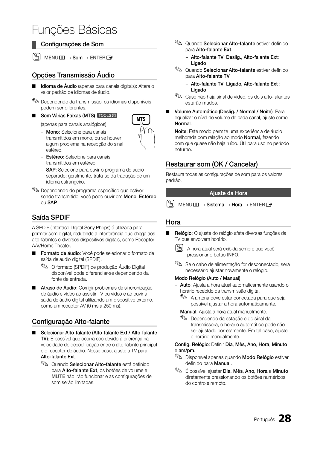 Samsung TA550, TA350 Opções Transmissão Áudio, Restaurar som OK / Cancelar, Saída Spdif, Configuração Alto-falante, Hora 