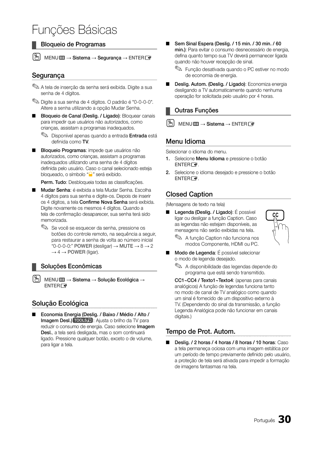 Samsung TA550, TA350 manual Segurança, Solução Ecológica, Menu Idioma, Closed Caption, Tempo de Prot. Autom 