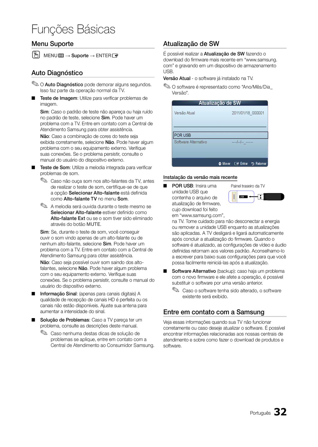 Samsung TA550, TA350 manual Menu Suporte, Auto Diagnóstico, Atualização de SW, Entre em contato com a Samsung 