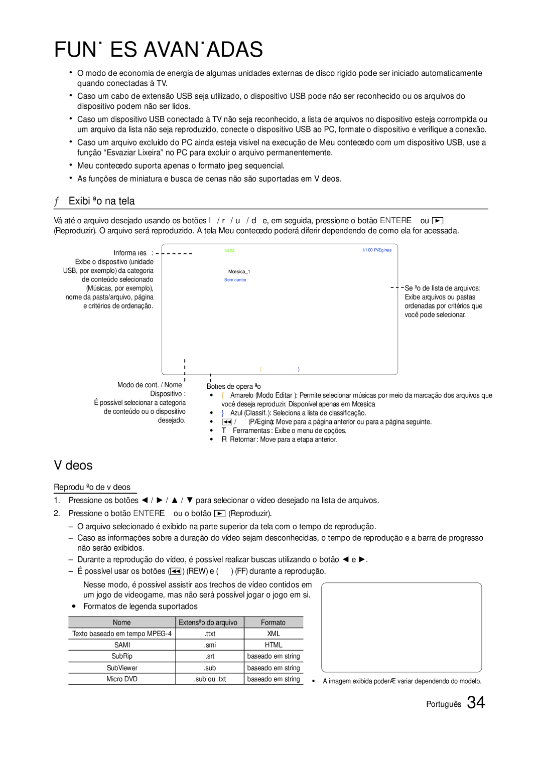 Samsung TA550, TA350 manual Exibição na tela, Yy Formatos de legenda suportados, Nome 