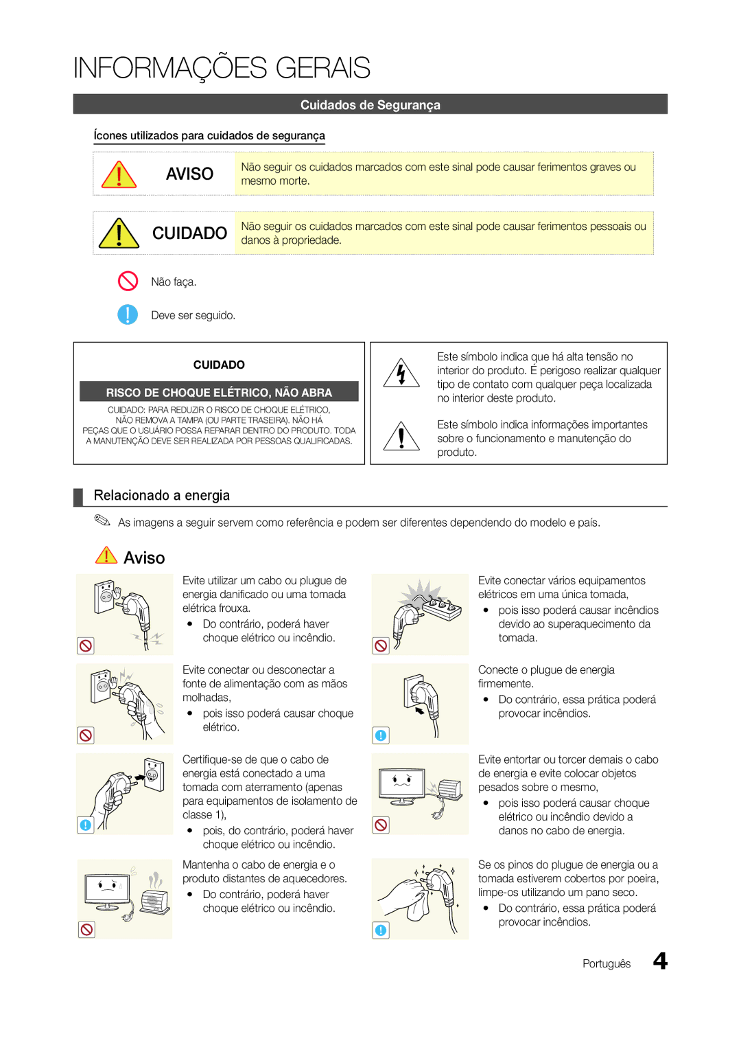 Samsung TA550, TA350 manual Relacionado a energia, Cuidados de Segurança 