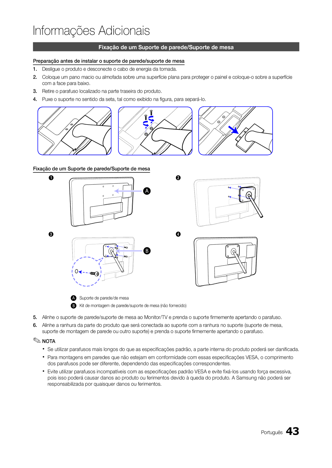 Samsung TA350, TA550 manual Informações Adicionais, Fixação de um Suporte de parede/Suporte de mesa 