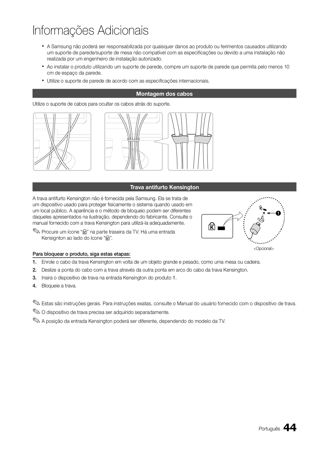 Samsung TA550, TA350 manual Montagem dos cabos, Trava antifurto Kensington, Opcional 