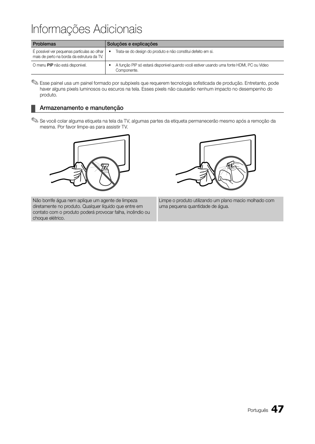 Samsung TA350, TA550 Armazenamento e manutenção, Trata-se do design do produto e não constitui defeito em si, Componente 