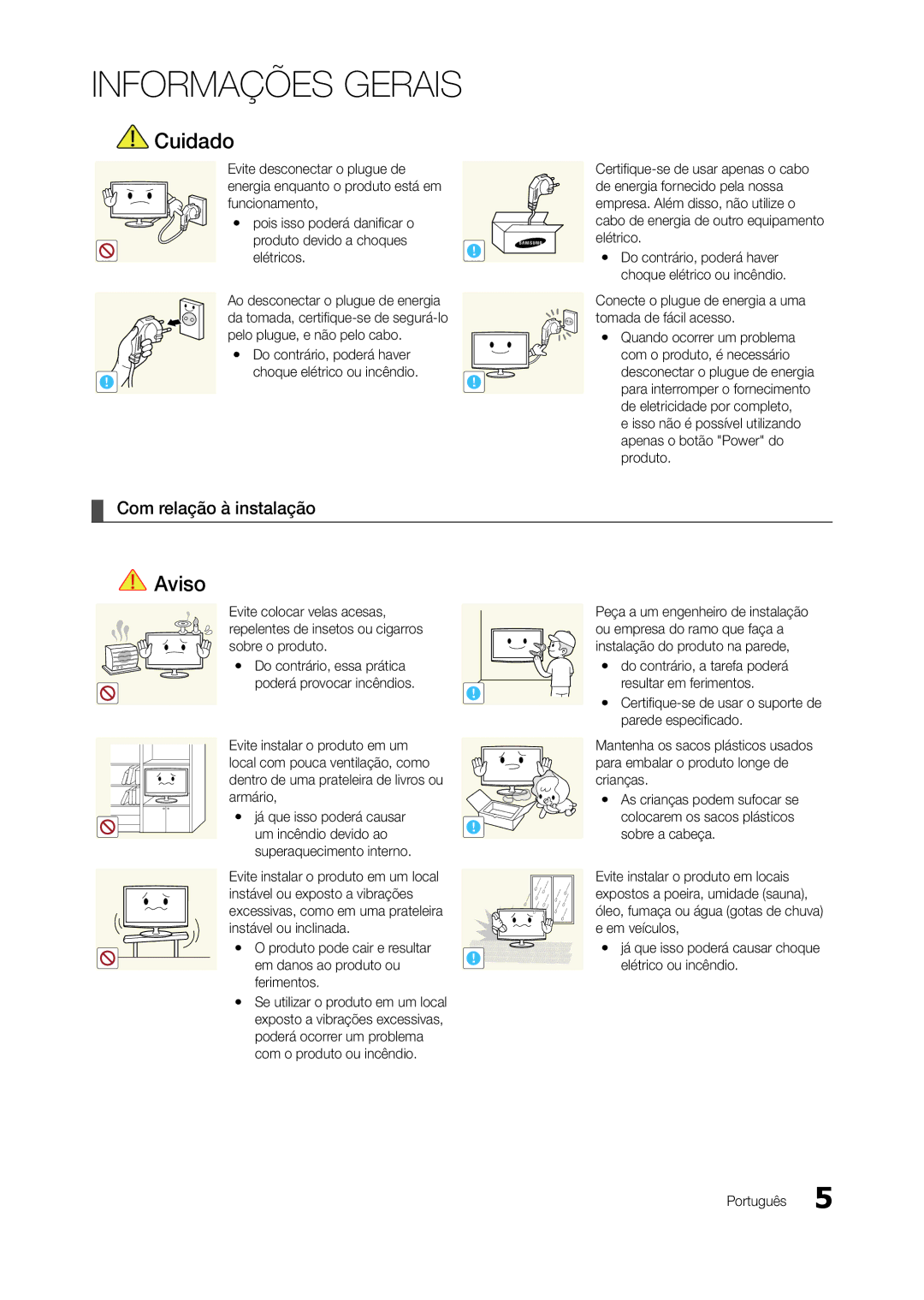 Samsung TA350, TA550 manual Com relação à instalação, Elétricos, Conecte o plugue de energia a uma tomada de fácil acesso 