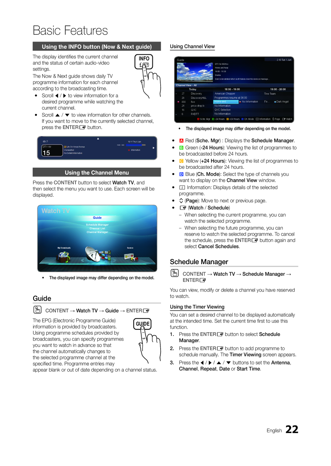 Samsung TA550, TA350 user manual Guide, Schedule Manager, Using the Info button Now & Next guide, Using the Channel Menu 