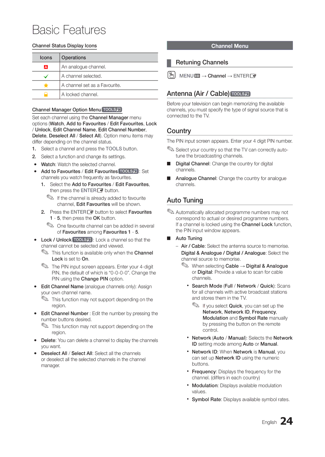 Samsung TA550, TA350 user manual Antenna Air / Cablet, Country, Auto Tuning, Retuning Channels, Channel Menu 