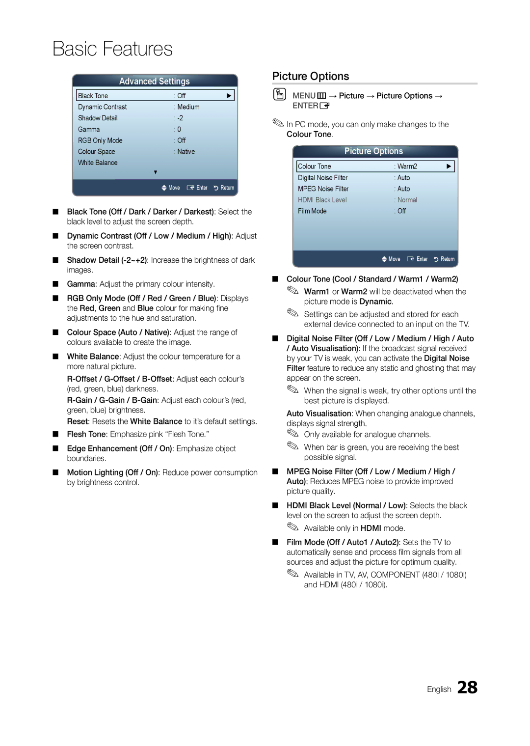 Samsung TA550, TA350 user manual Picture Options, Advanced Settings 