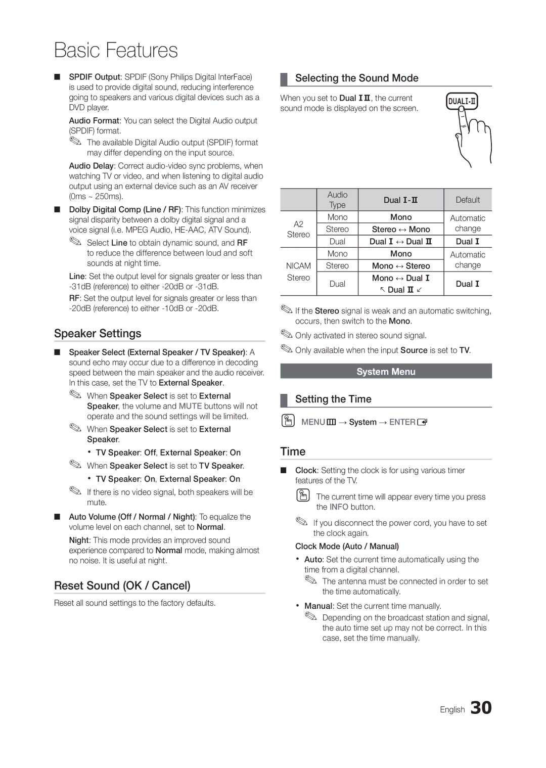 Samsung TA550, TA350 user manual Speaker Settings, Reset Sound OK / Cancel, Selecting the Sound Mode, Setting the Time 