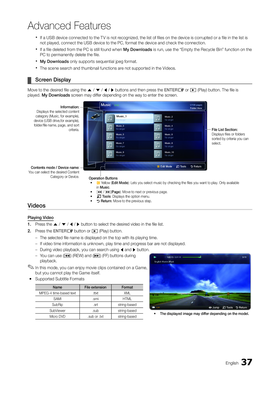 Samsung TA350, TA550 user manual Videos, Screen Display, Criteria, Name File extension Format 