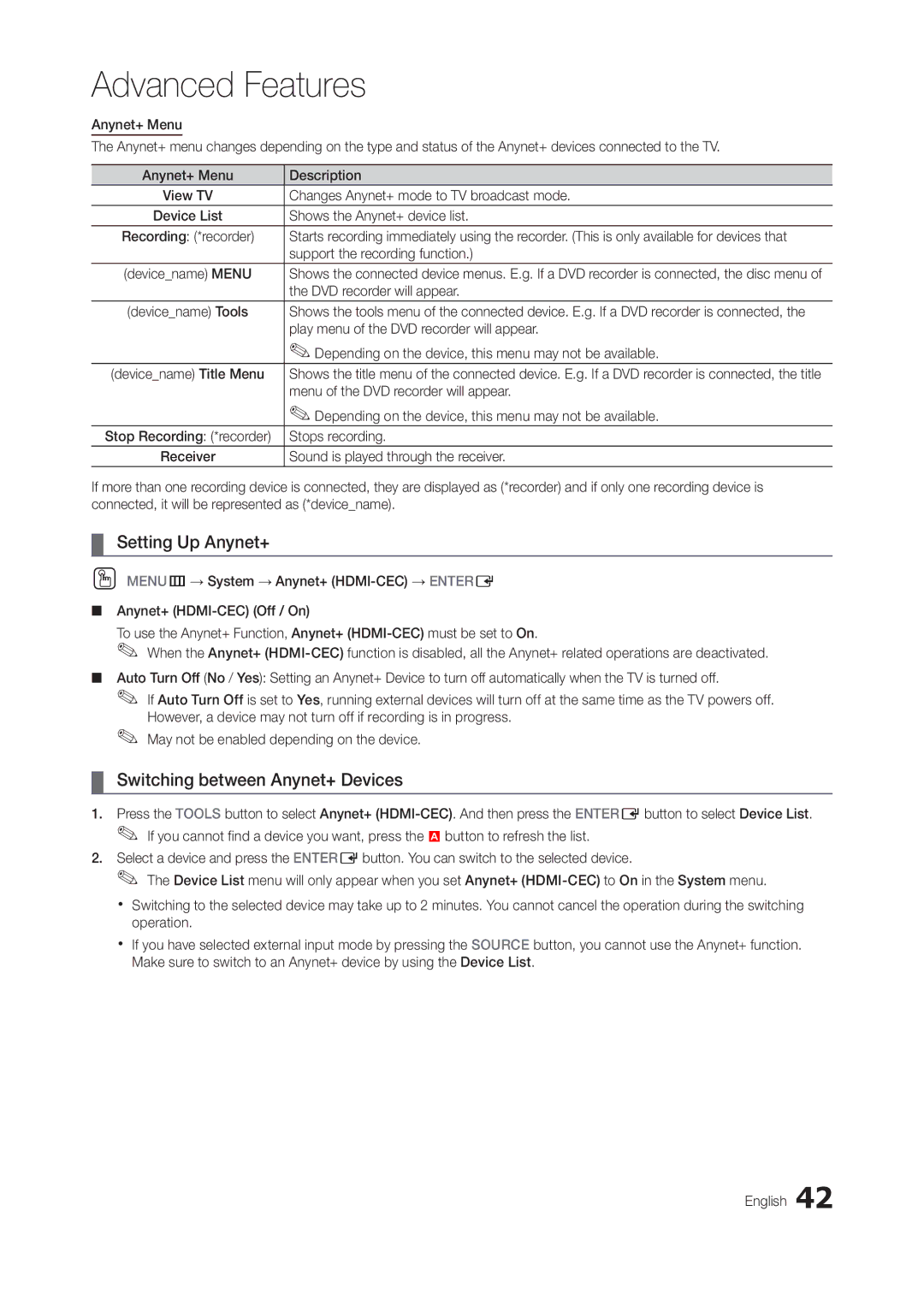 Samsung TA550, TA350 user manual Setting Up Anynet+, Switching between Anynet+ Devices 