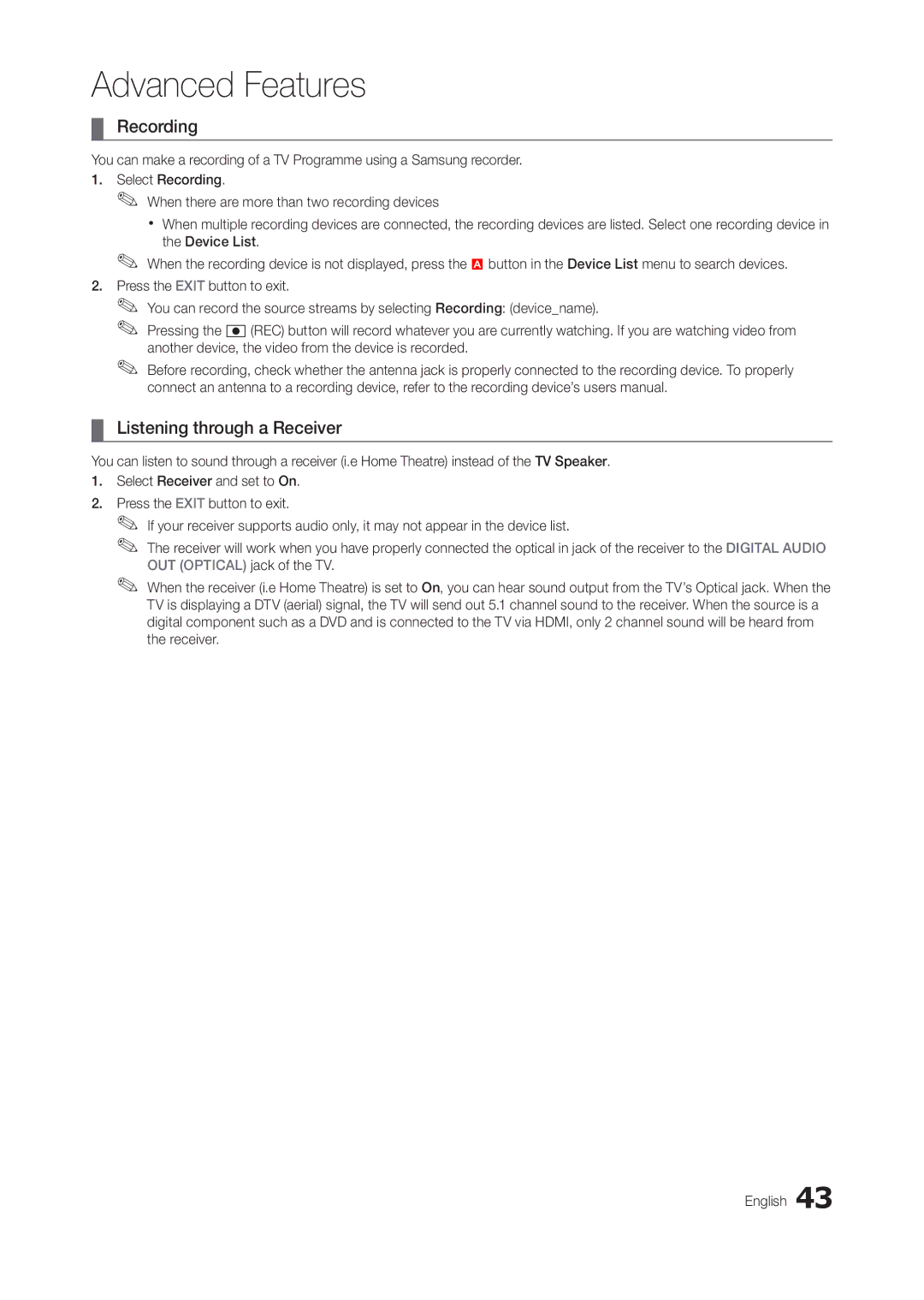 Samsung TA350, TA550 user manual Recording, Listening through a Receiver 