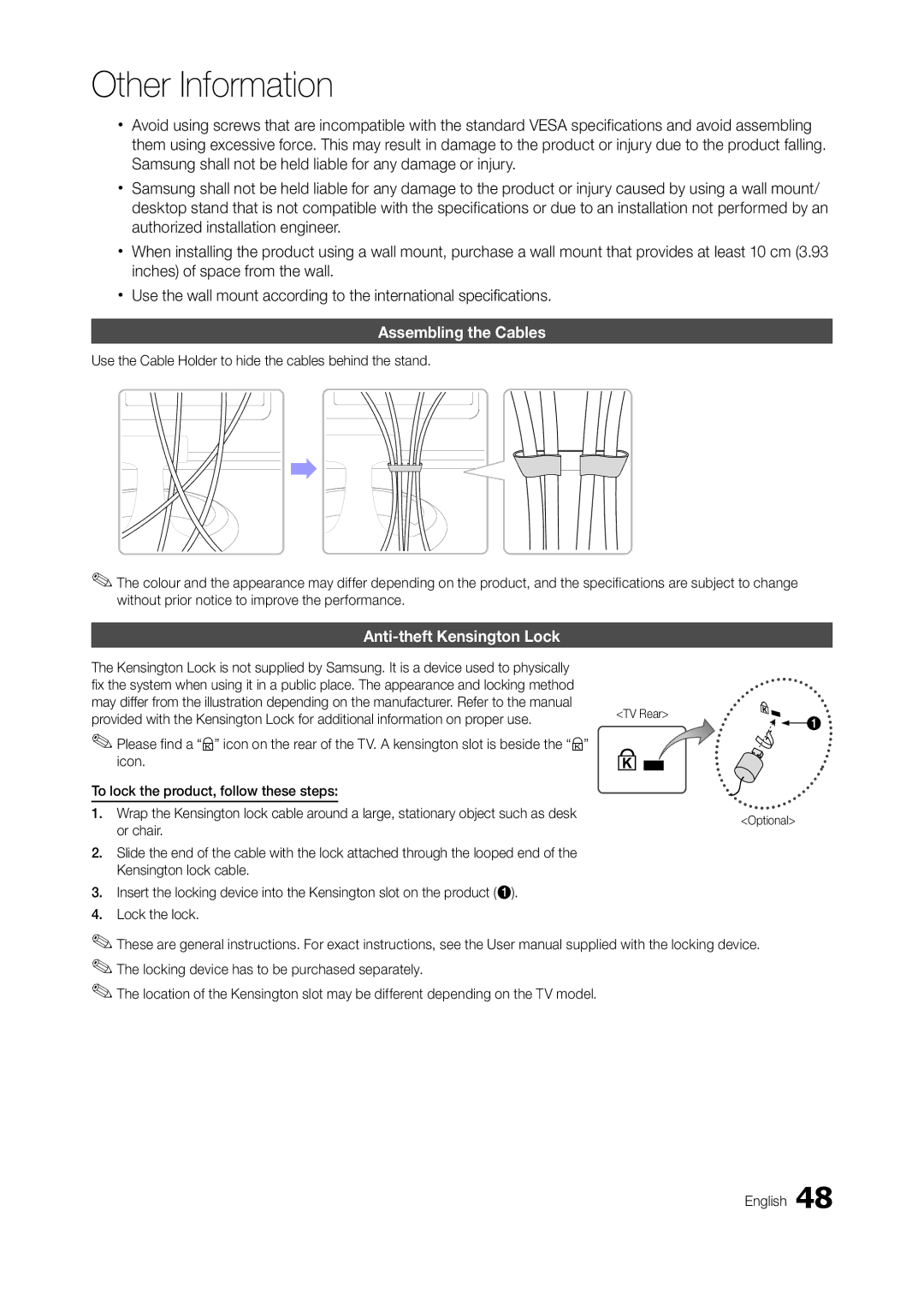 Samsung TA550, TA350 user manual Assembling the Cables, Anti-theft Kensington Lock, Or chair 