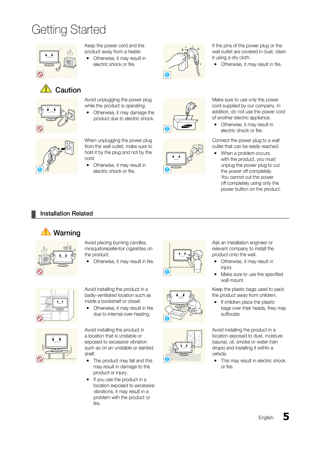 Samsung TA350, TA550 user manual Installation Related, Keep the power cord and the product away from a heater 