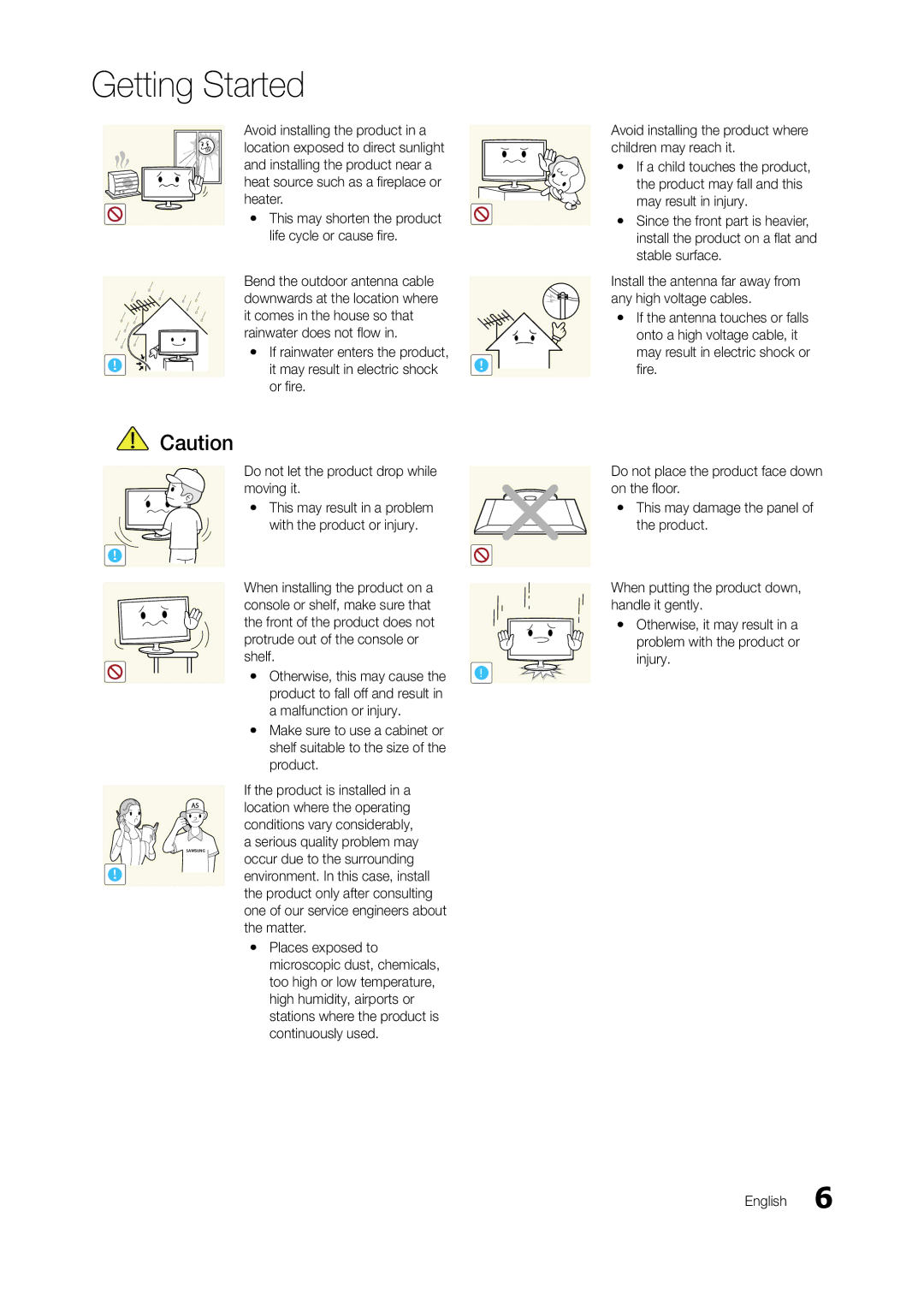 Samsung TA550, TA350 user manual Or fire Do not let the product drop while moving it, Malfunction or injury, Matter 