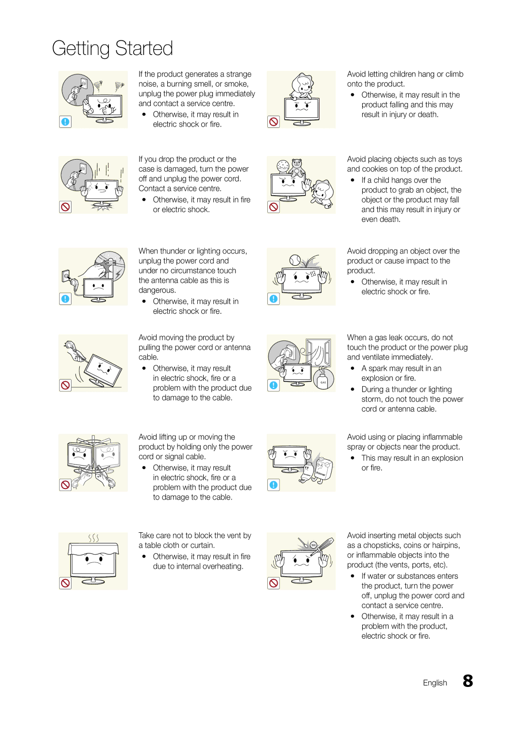 Samsung TA550, TA350 Electric shock or fire, Yy Otherwise, it may result in fire or electric shock, Cord or signal cable 