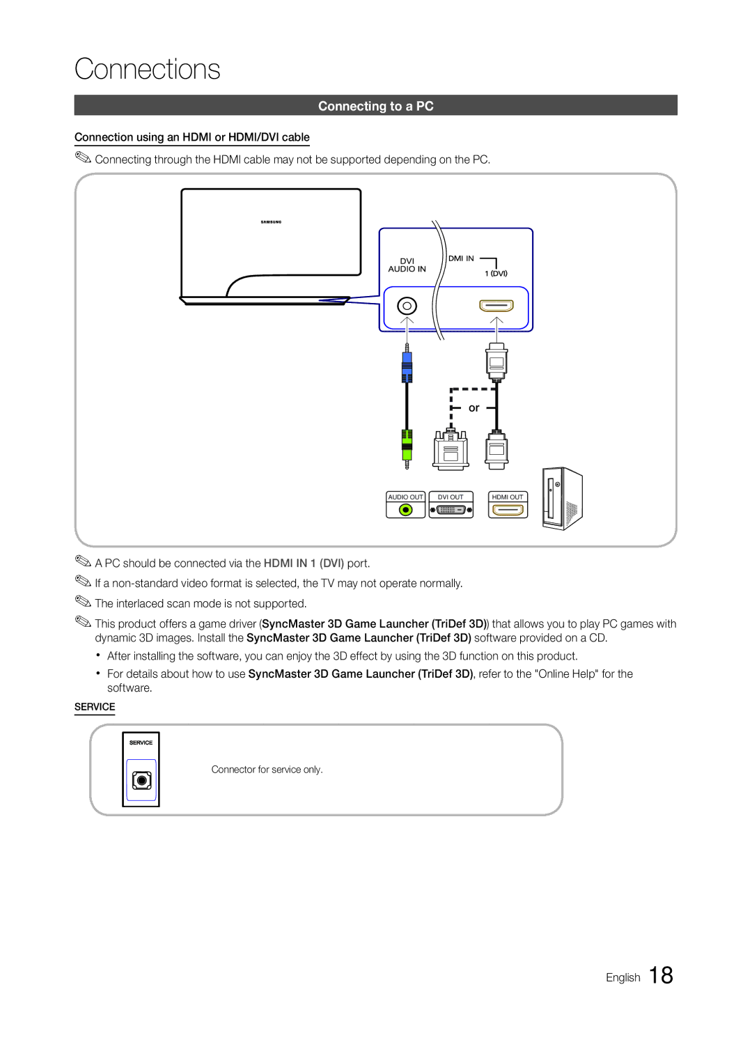 Samsung TA950 user manual Connecting to a PC, Connector for service only 