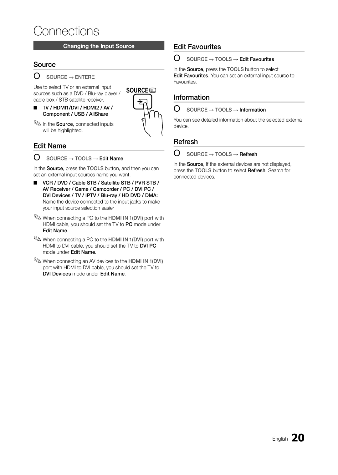 Samsung TA950 user manual Source, Edit Name, Edit Favourites, Information, Refresh 