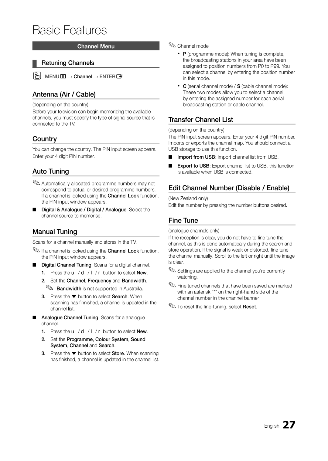 Samsung TA950 user manual Antenna Air / Cable, Country, Auto Tuning, Manual Tuning, Transfer Channel List, Fine Tune 