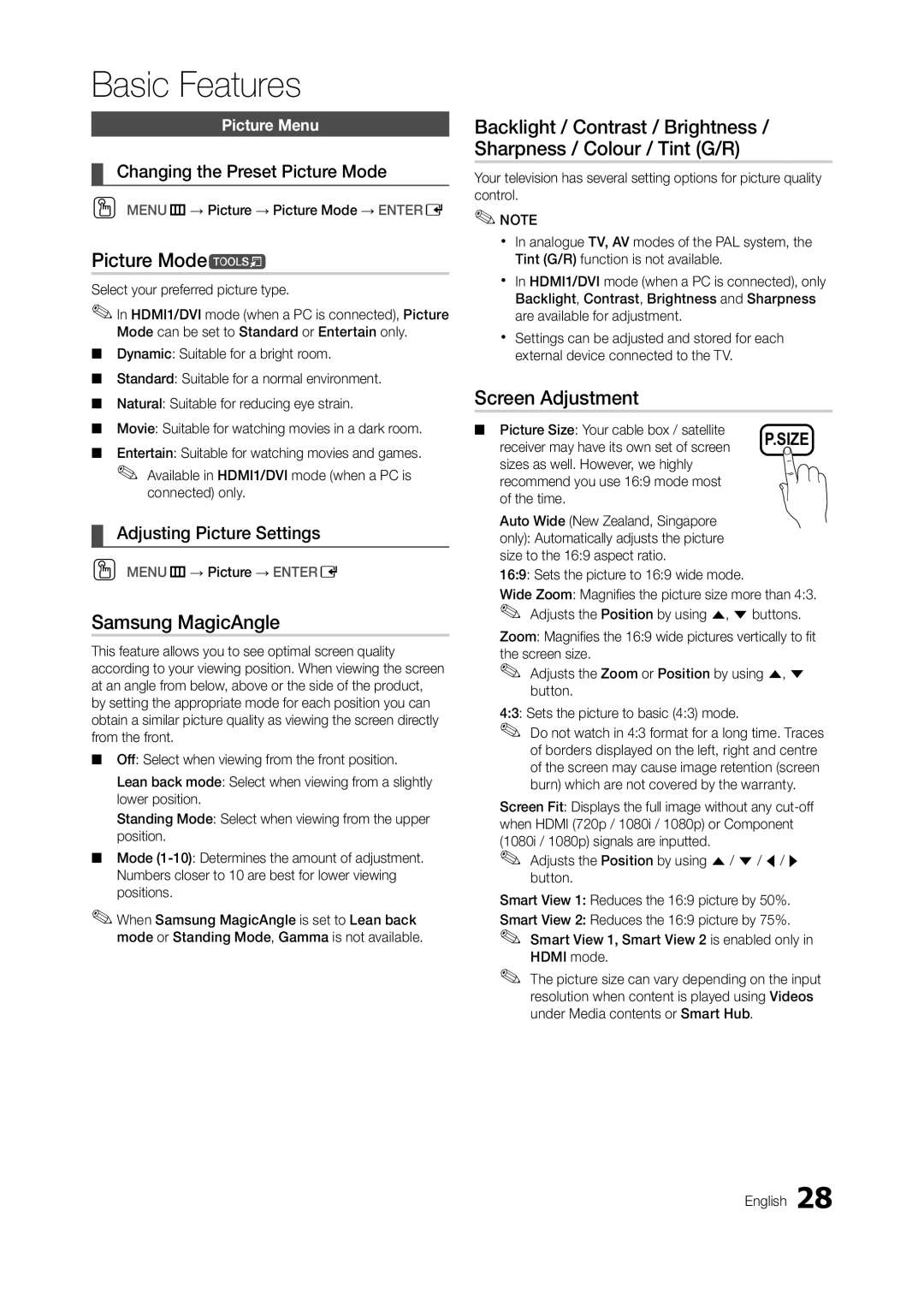 Samsung TA950 user manual Picture Modet, Samsung MagicAngle, Screen Adjustment, Changing the Preset Picture Mode 