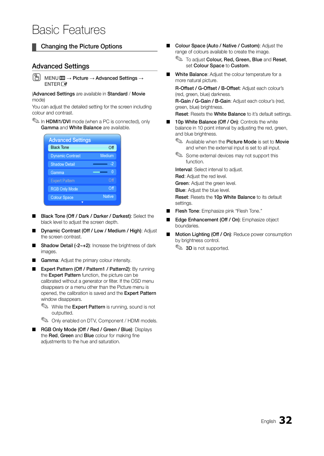 Samsung TA950 user manual Changing the Picture Options, OO MENUm→ Picture → Advanced Settings → 