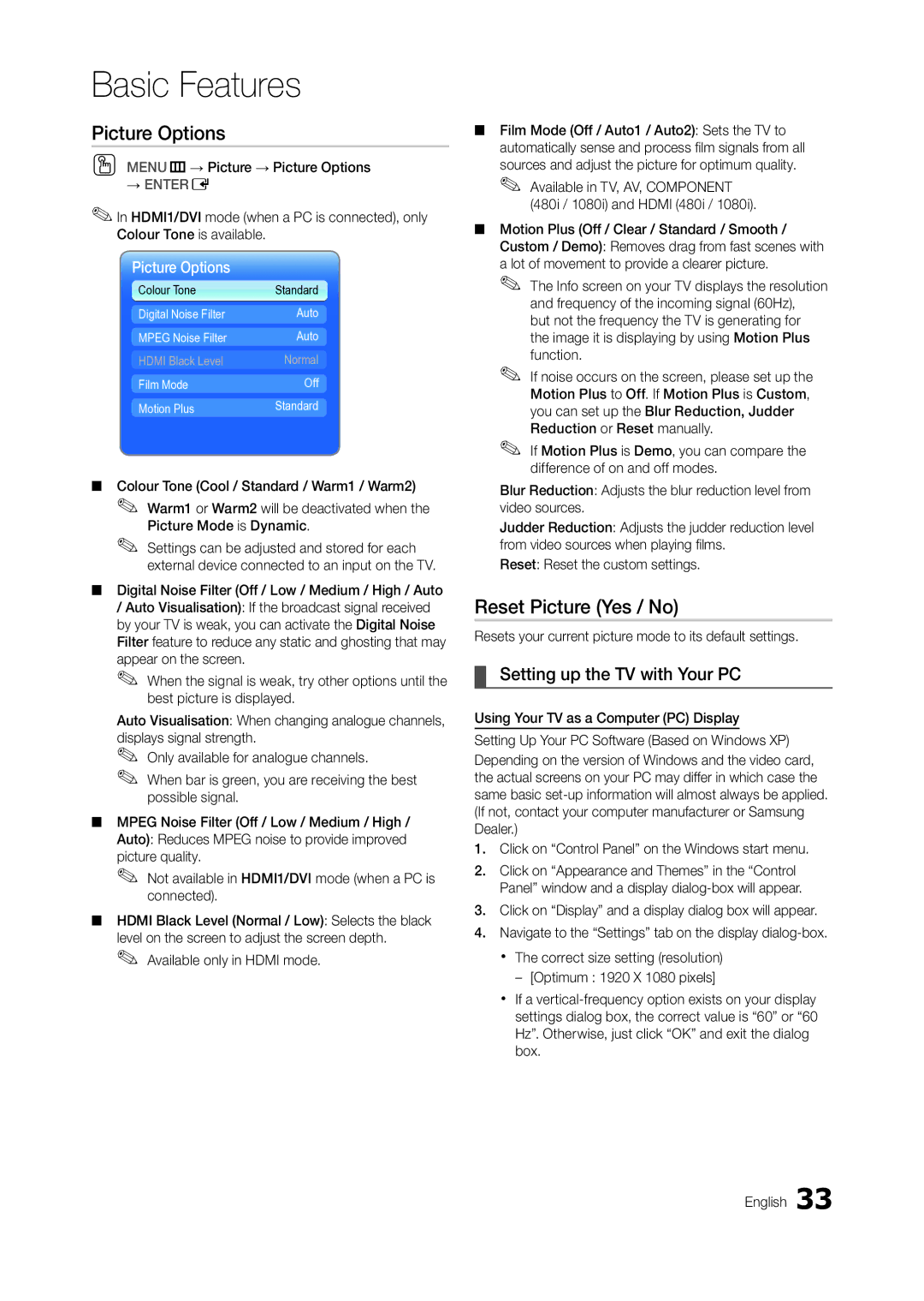 Samsung TA950 user manual Picture Options, Reset Picture Yes / No, Setting up the TV with Your PC 