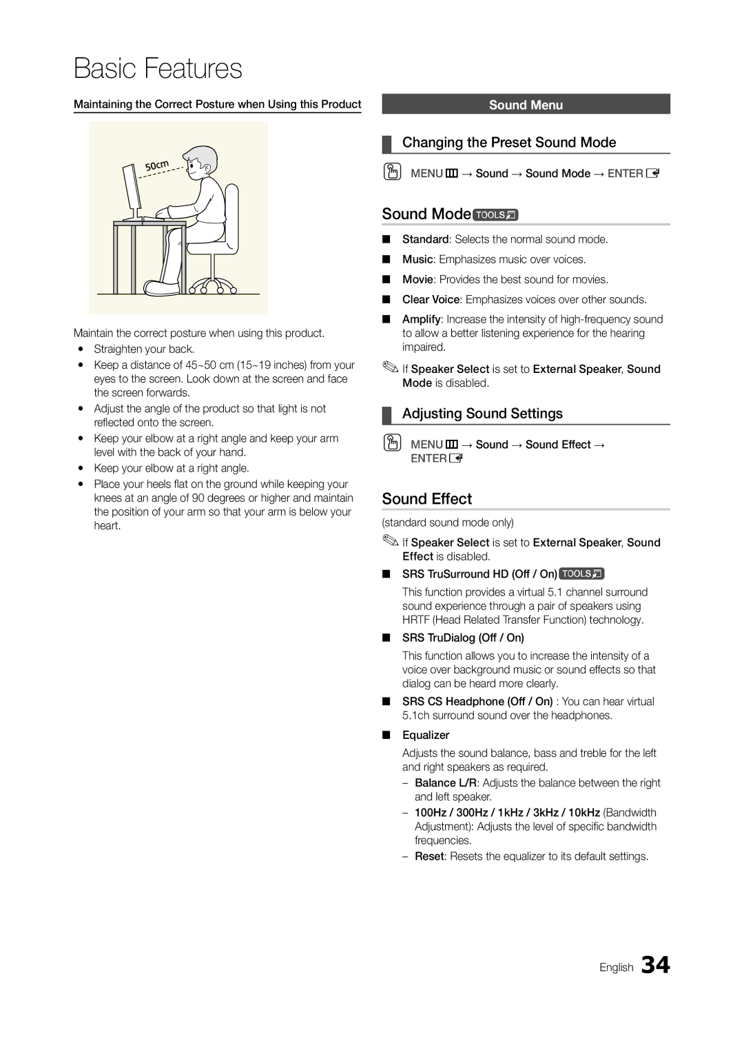 Samsung TA950 user manual Sound Modet, Sound Effect, Changing the Preset Sound Mode, Adjusting Sound Settings, Sound Menu 