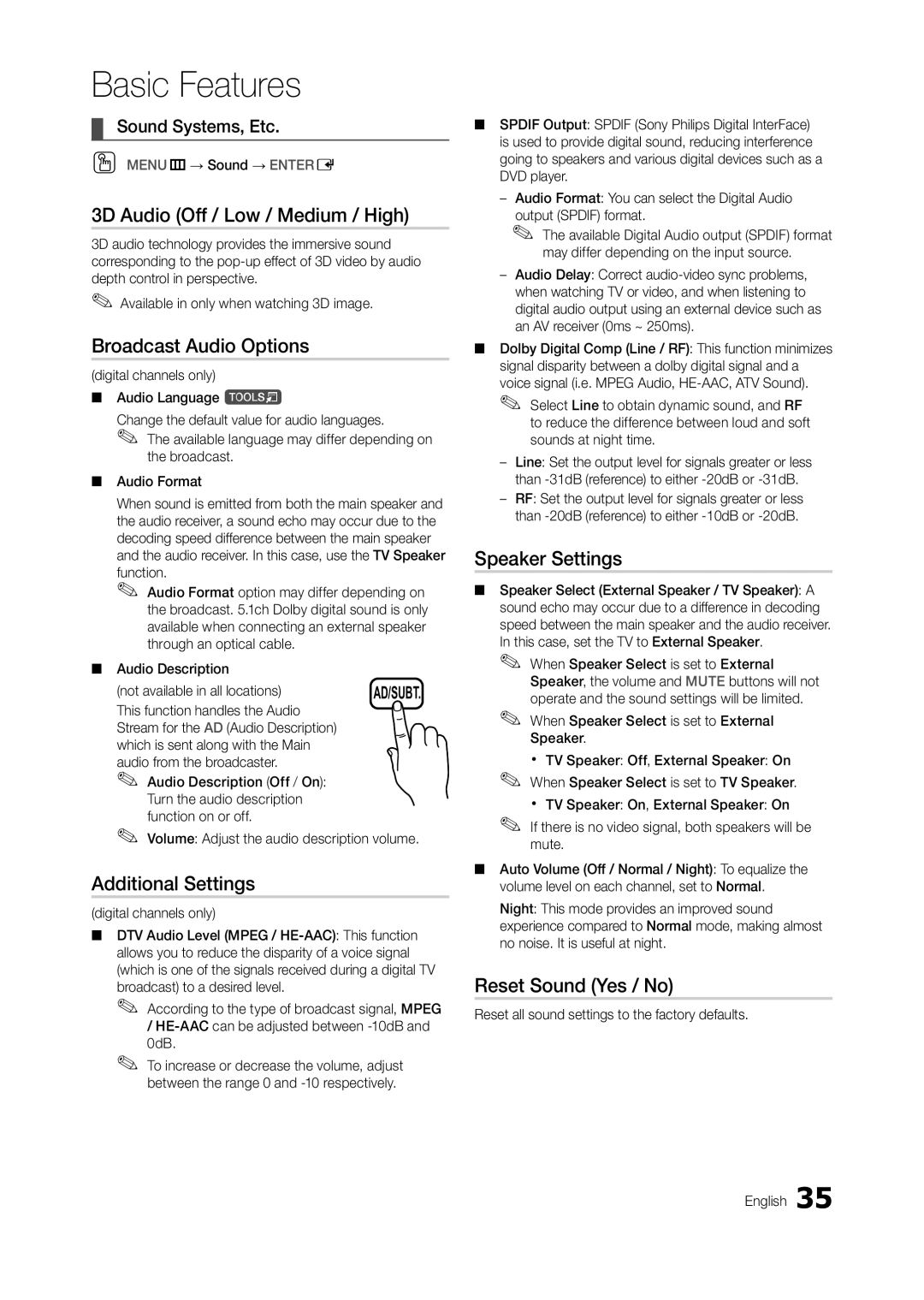 Samsung TA950 3D Audio Off / Low / Medium / High, Broadcast Audio Options, Additional Settings, Speaker Settings 