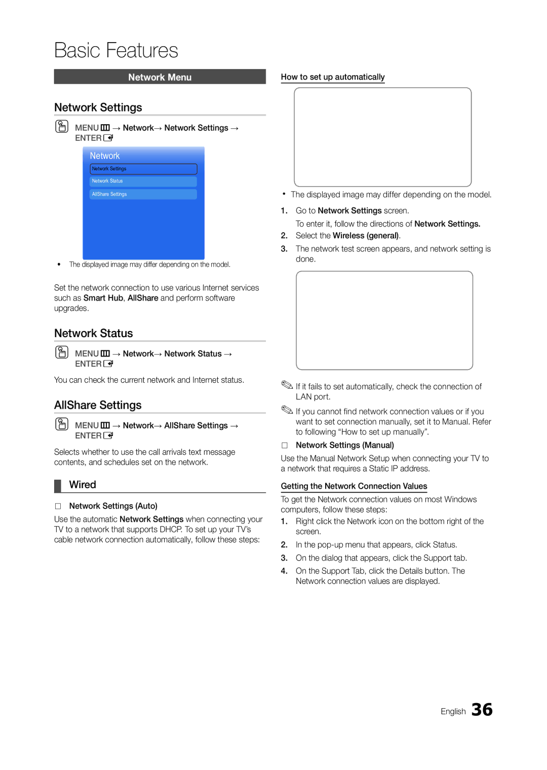 Samsung TA950 user manual Network Settings, Network Status, AllShare Settings, Wired, Network Menu 