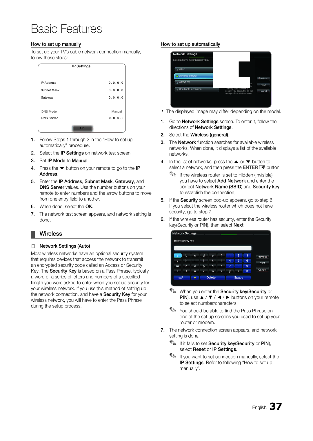 Samsung TA950 user manual Wireless, IP Settings 