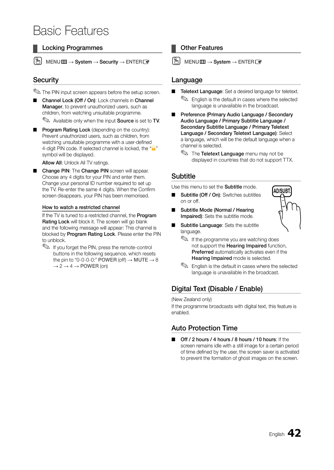 Samsung TA950 user manual Security, Language, Subtitle, Digital Text Disable / Enable, Auto Protection Time 