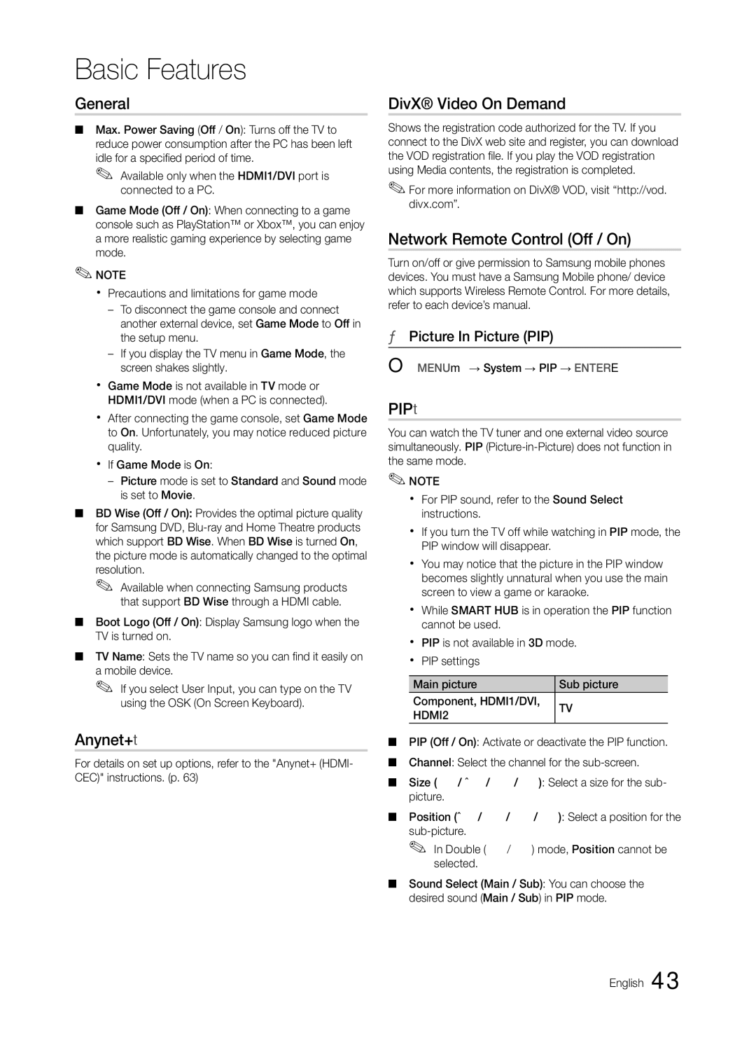 Samsung TA950 user manual General, Anynet+t, DivX Video On Demand, Network Remote Control Off / On, PIPt 