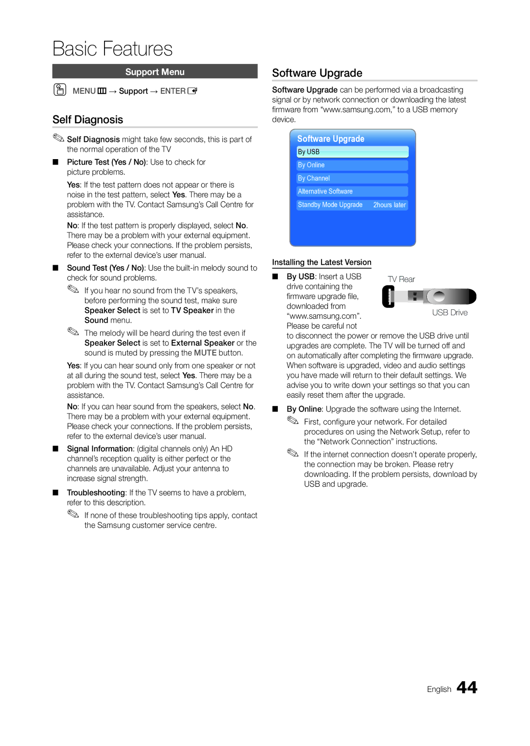 Samsung TA950 user manual Self Diagnosis, Software Upgrade, Support Menu 