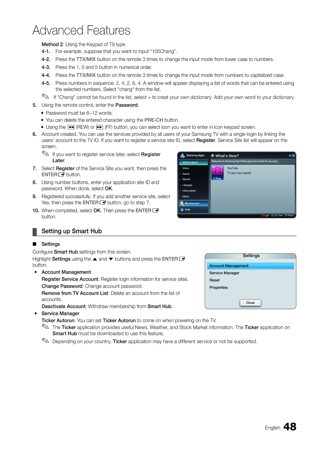 Samsung TA950 user manual Setting up Smart Hub, When completed, select OK. Then press the Entere button, Settings 