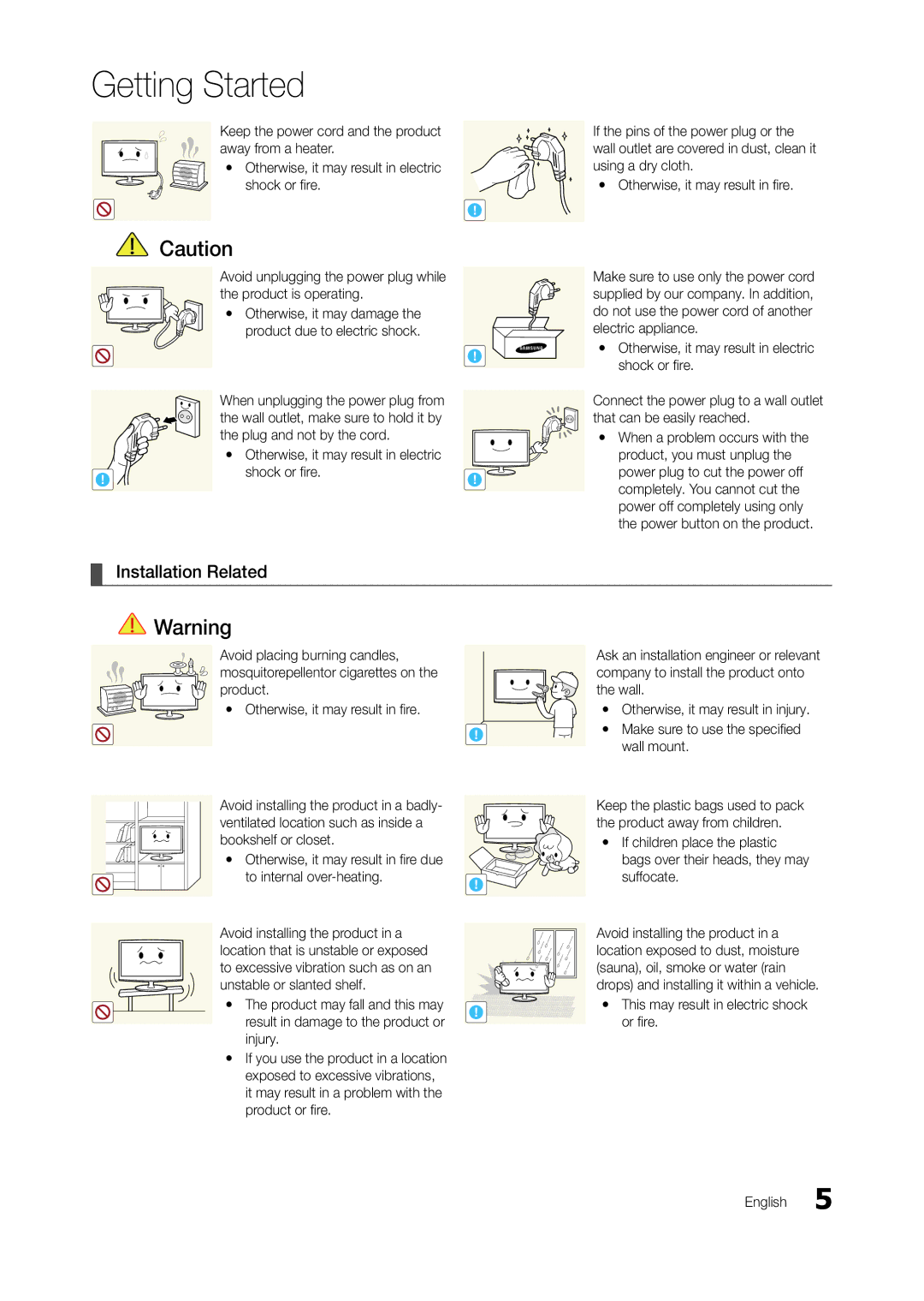 Samsung TA950 user manual Installation Related, Yy This may result in electric shock or fire English 