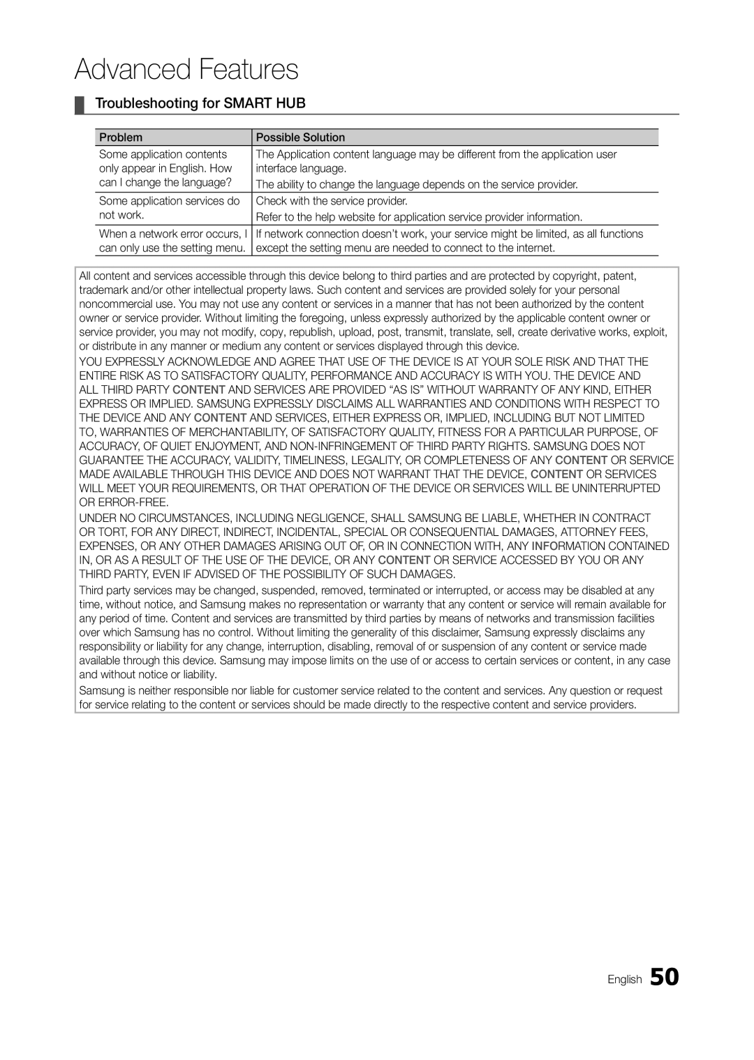 Samsung TA950 user manual Troubleshooting for Smart HUB, Check with the service provider, Can only use the setting menu 