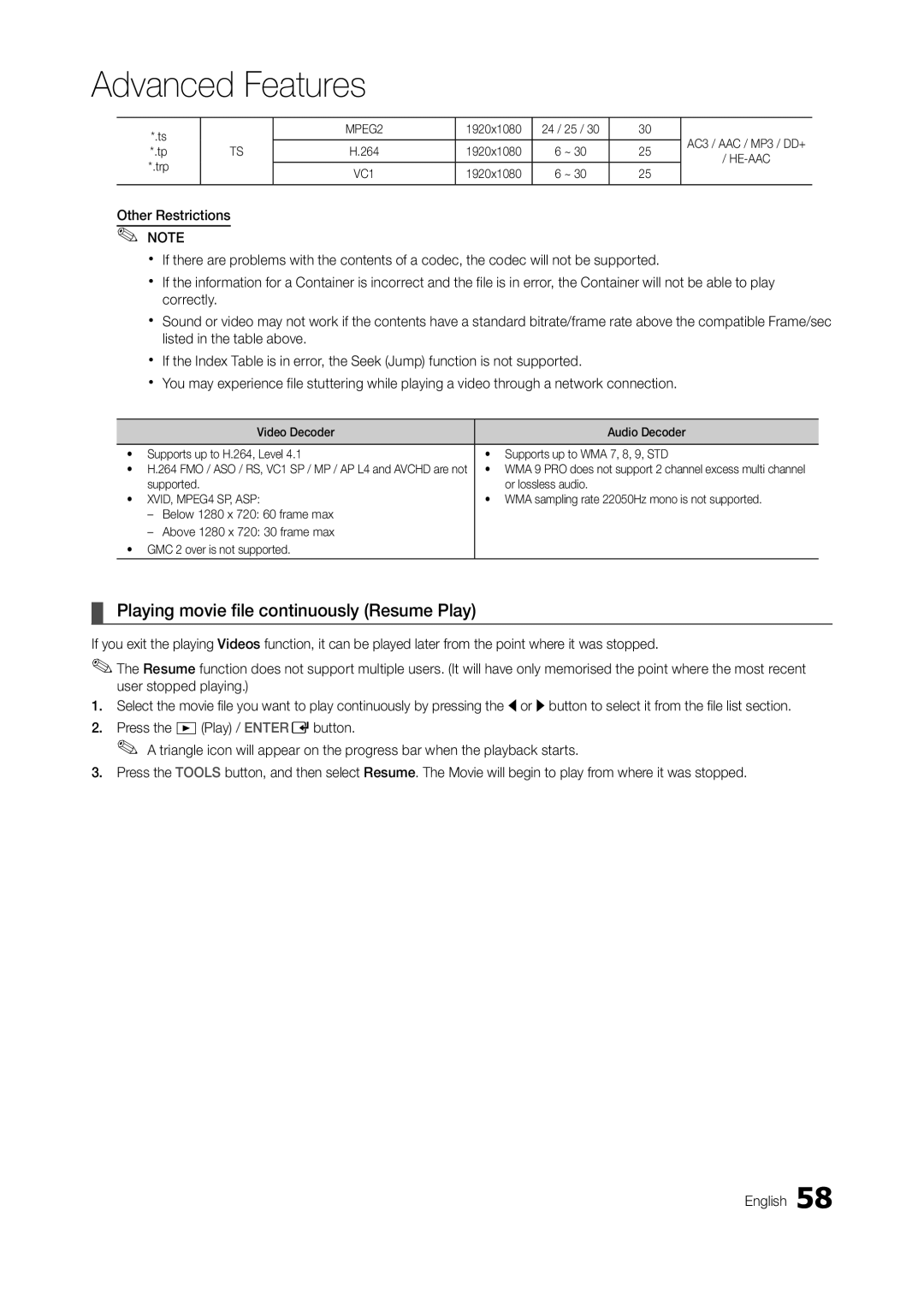 Samsung TA950 user manual Playing movie file continuously Resume Play, 1920x1080 24 / 25, Supported Or lossless audio 