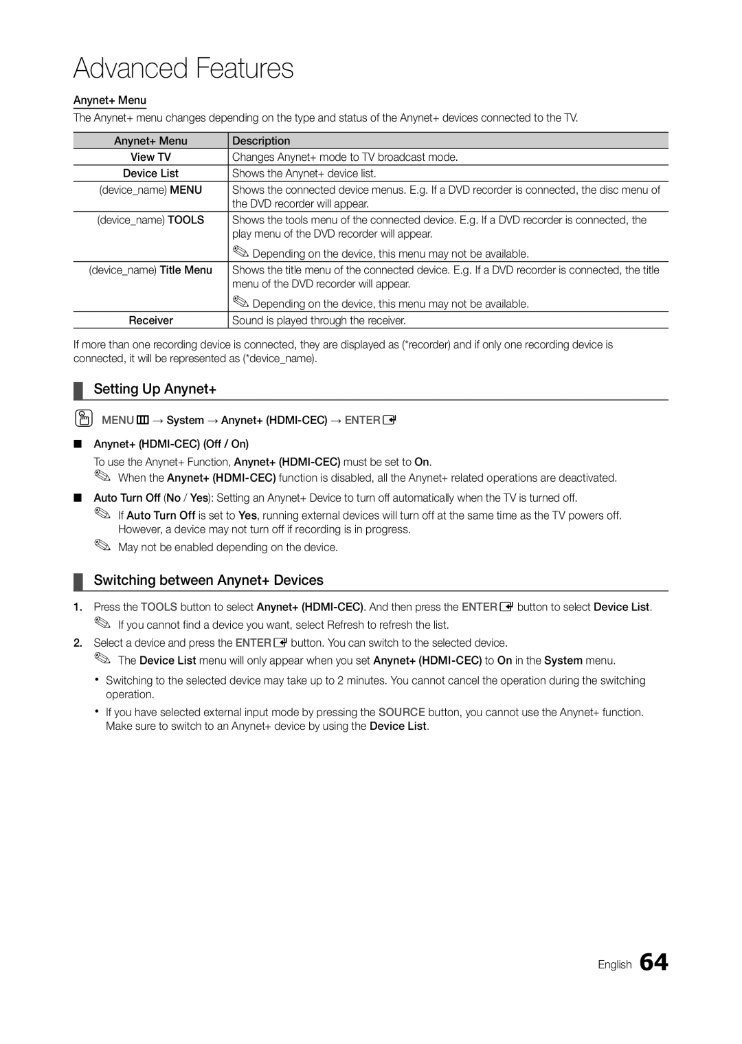 Samsung TA950 user manual Setting Up Anynet+, Switching between Anynet+ Devices 