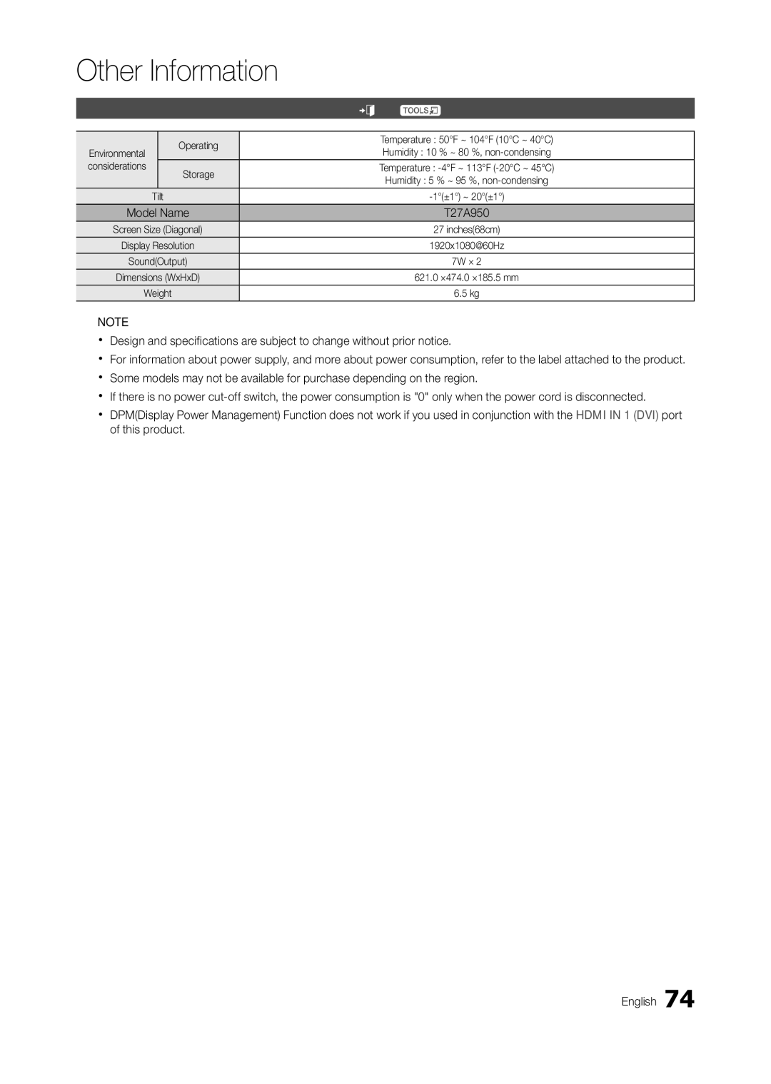 Samsung TA950 user manual Specifications, Environmental, Considerations, Model Name T27A950 