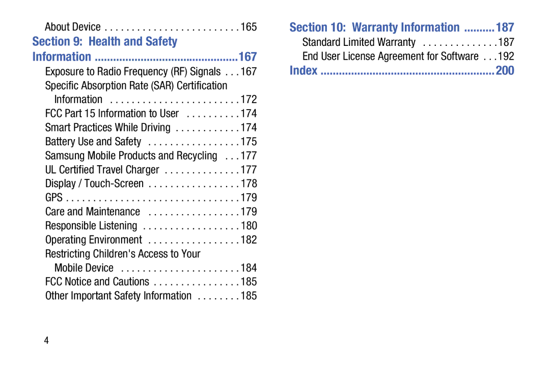 Samsung Tab3, SMT217TMKATMB user manual Health and Safety, 167, Warranty Information 187, 192, 200 