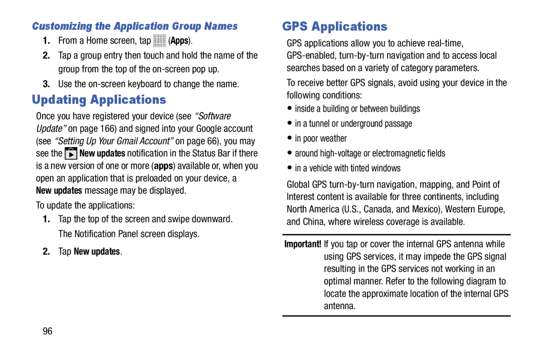 Samsung Tab3 Updating Applications, GPS Applications, Use the on-screen keyboard to change the name, Tap New updates 