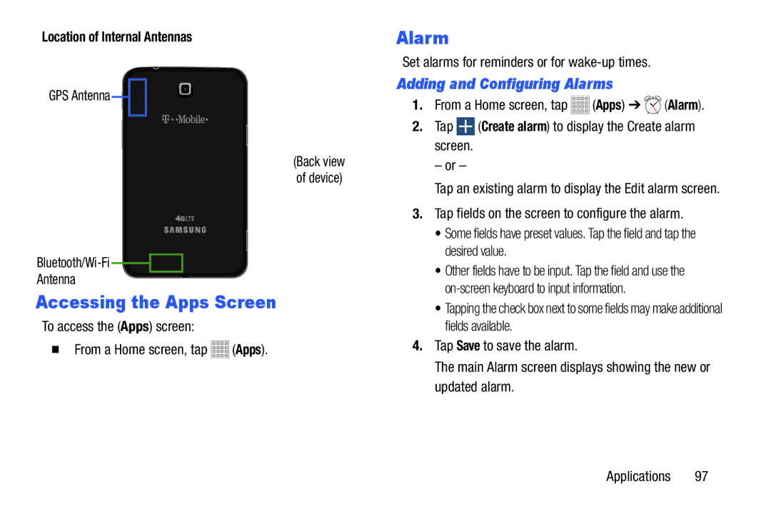 Samsung SMT217TMKATMB, Tab3 Accessing the Apps Screen, Adding and Configuring Alarms, Location of Internal Antennas 