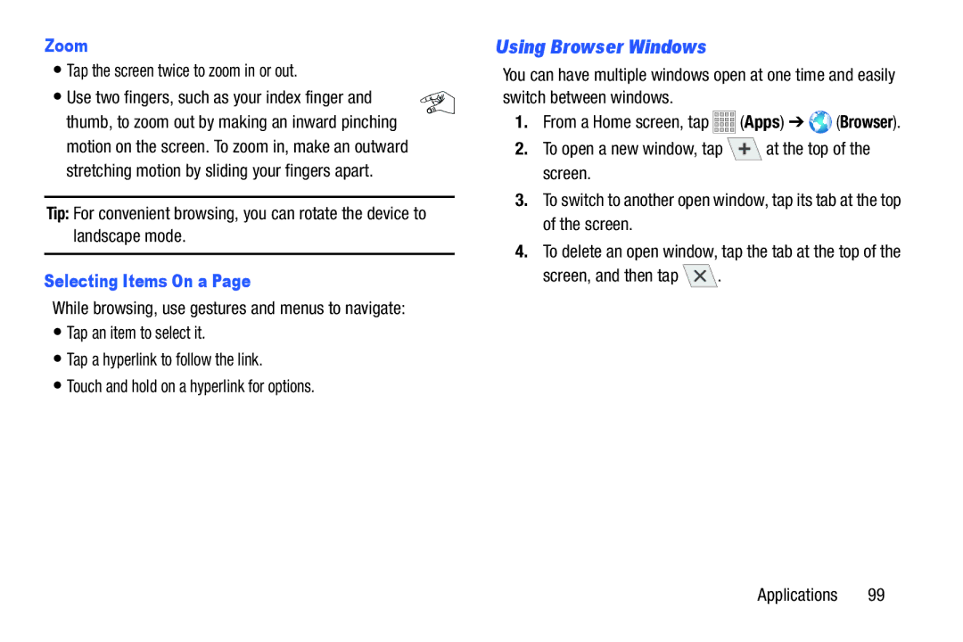 Samsung SMT217TMKATMB, Tab3 Using Browser Windows, Zoom, Tap the screen twice to zoom in or out, Selecting Items On a 