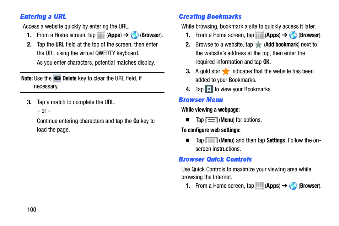 Samsung Tab3, SMT217TMKATMB user manual Entering a URL, Creating Bookmarks, Browser Menu, Browser Quick Controls 