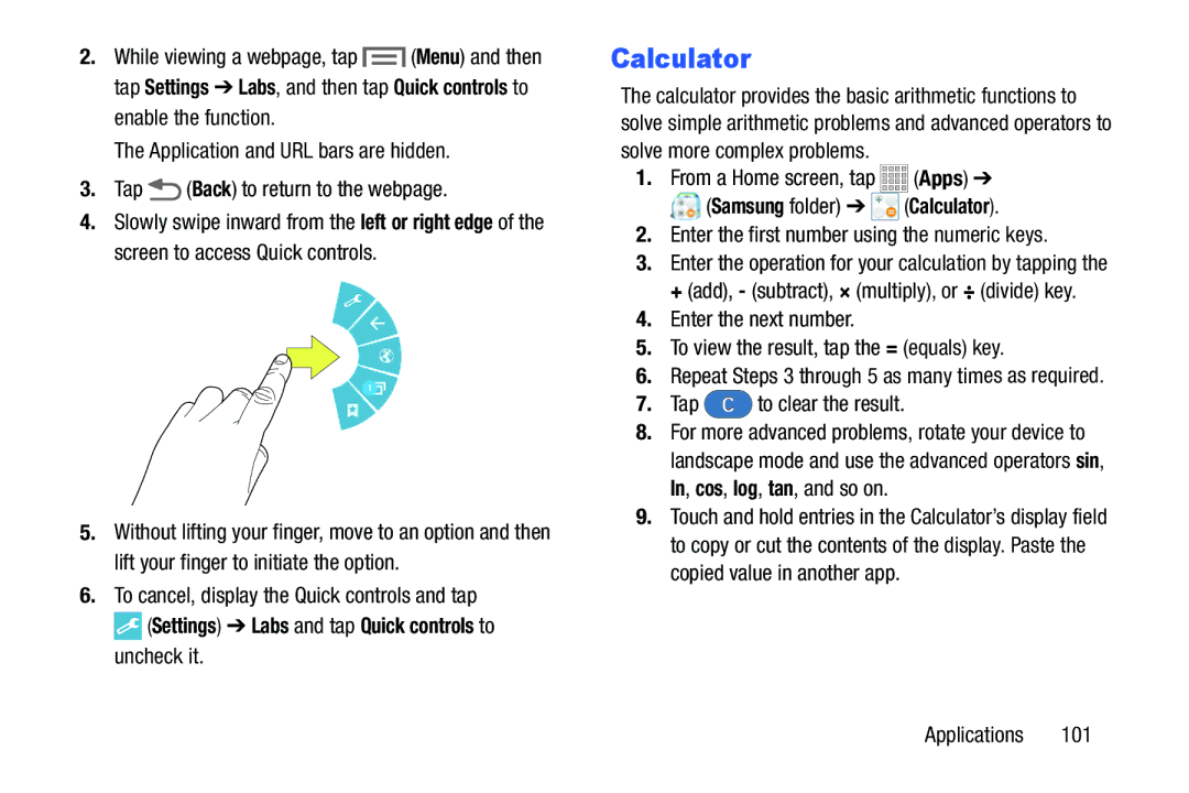 Samsung SMT217TMKATMB, Tab3 Calculator, Settings Labs and tap Quick controls to uncheck it, Tap to clear the result 