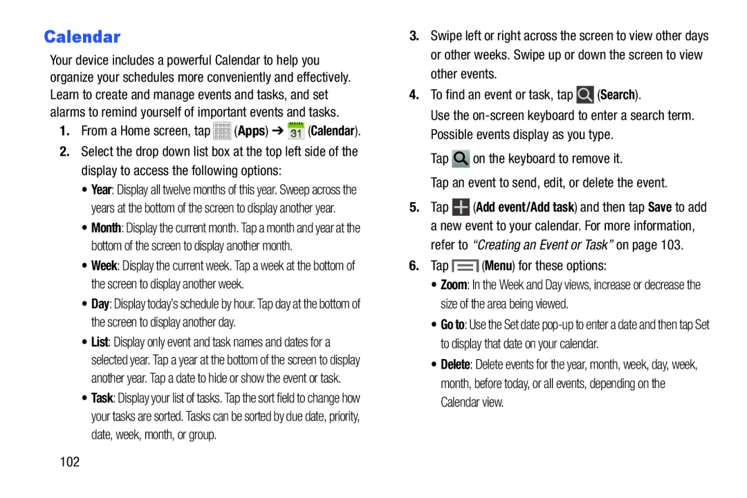 Samsung Tab3, SMT217TMKATMB user manual Calendar, 102 