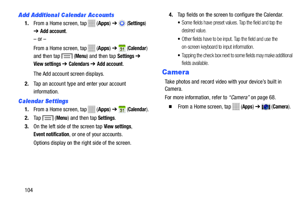 Samsung Tab3, SMT217TMKATMB Add Additional Calendar Accounts, Calendar Settings, 104, Then tap Menu and then tap Settings 