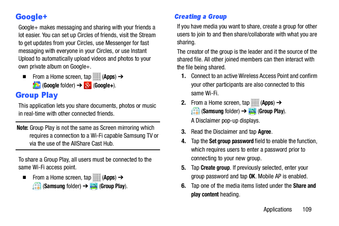 Samsung SMT217TMKATMB, Tab3 Google+, Creating a Group, Samsung folder Group Play, Read the Disclaimer and tap Agree 