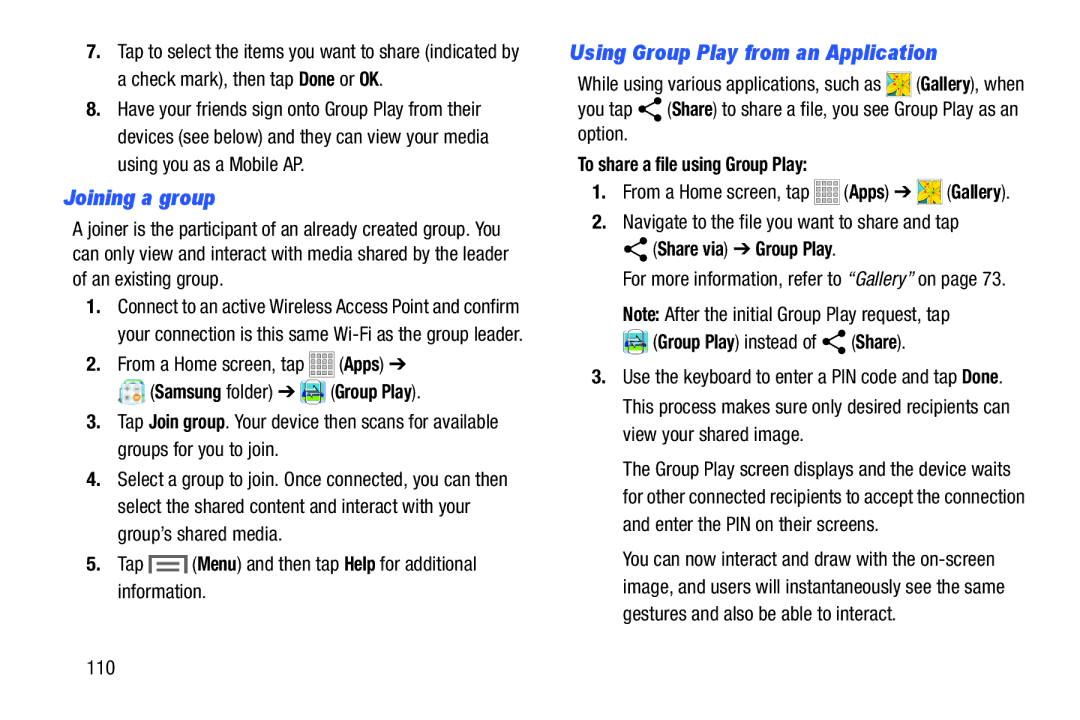 Samsung Tab3 Joining a group, Using Group Play from an Application, To share a file using Group Play, Share via Group Play 